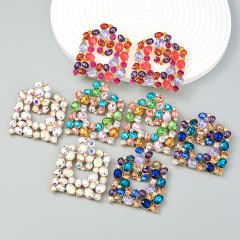 Colored rhinestone square shape ear studs