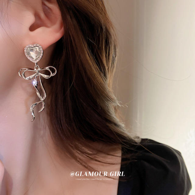 INS design diamond heart bow dangle earrings