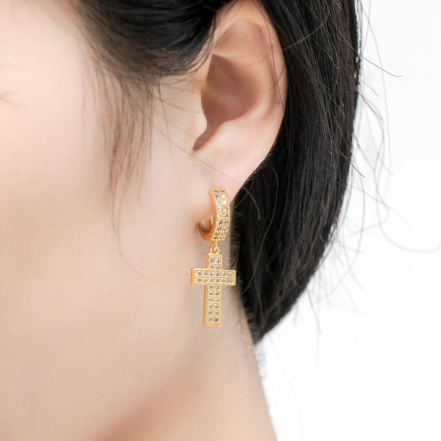 Hip hop zircon cross pendant earrings