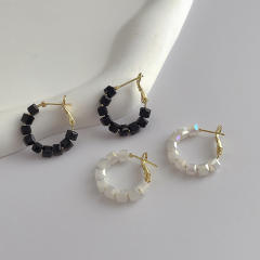 Vintage black white crystal beads small hoop earrings