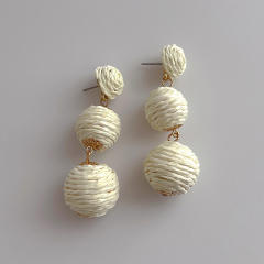 Boho handmade coloful straw ball holiday earrings