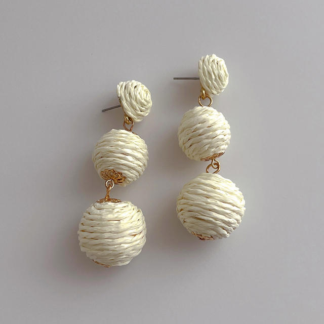 Boho handmade coloful straw ball holiday earrings