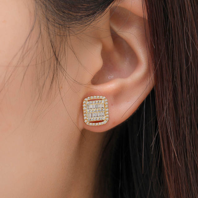 S925 Sterling silver needle pave setting cubic zircon hiphop ear studs