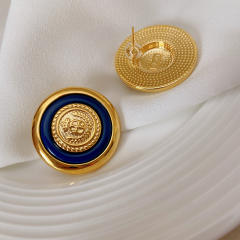 Vintage metal button blue badge ear studs
