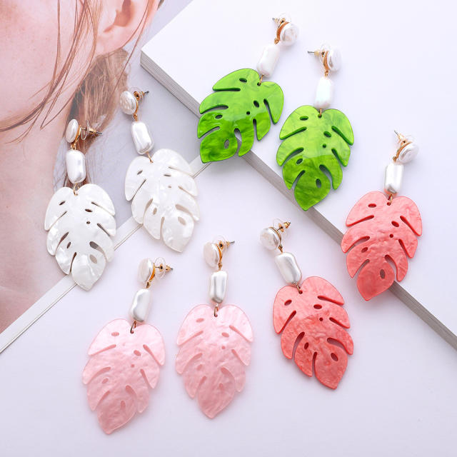 Boho acrylic leaf faux pearl dangle earrings
