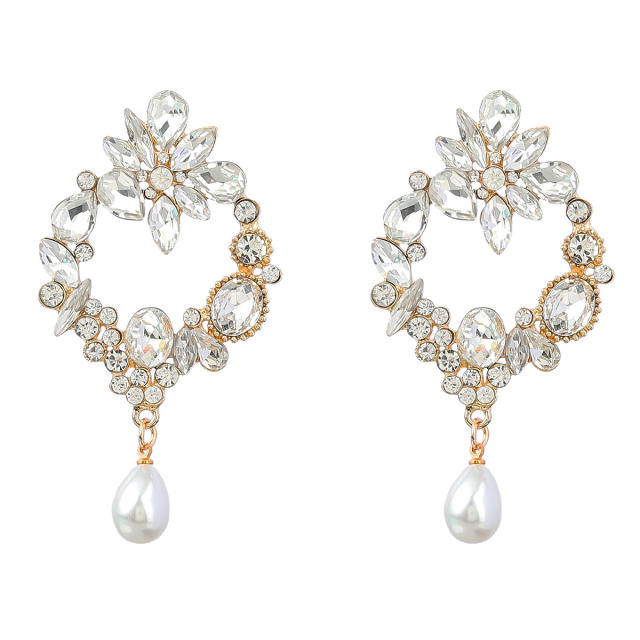 Geometric shape rhinestone pearl earrings