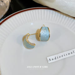 Enamel light blue color rhinestone open hoop earrings