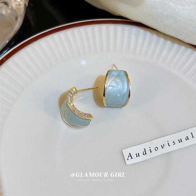 Enamel light blue color rhinestone open hoop earrings