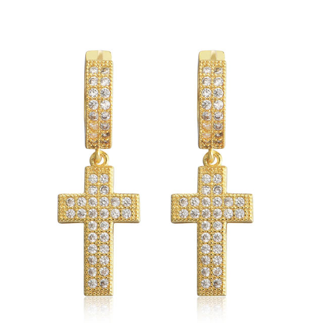 Hip hop zircon cross pendant earrings