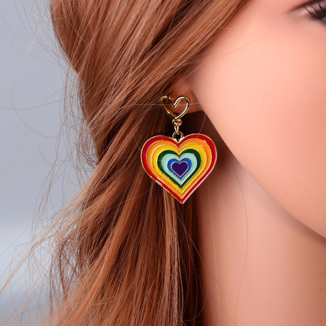 Enamel rainbow heart dangle earrings