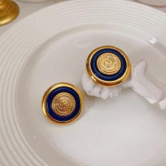 Vintage metal button blue badge ear studs