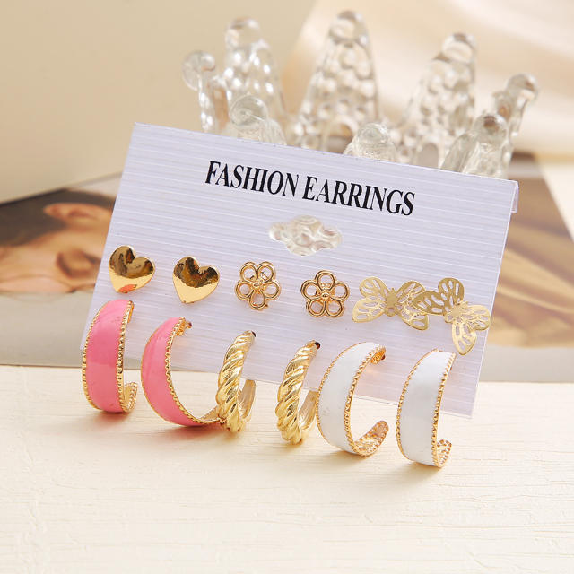 6pcs cute pink color enamel earrings set
