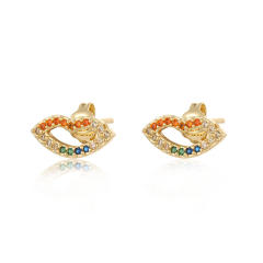Color rhinestone lips heart ear studs