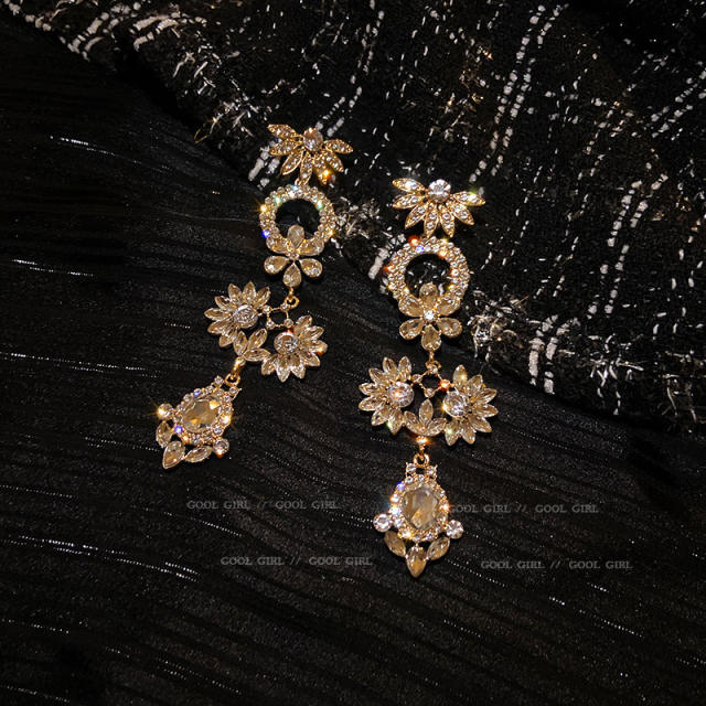 925 sterling silver needle luxury rhinestone flower dangle earrings