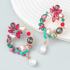 Geometric shape rhinestone pearl earrings