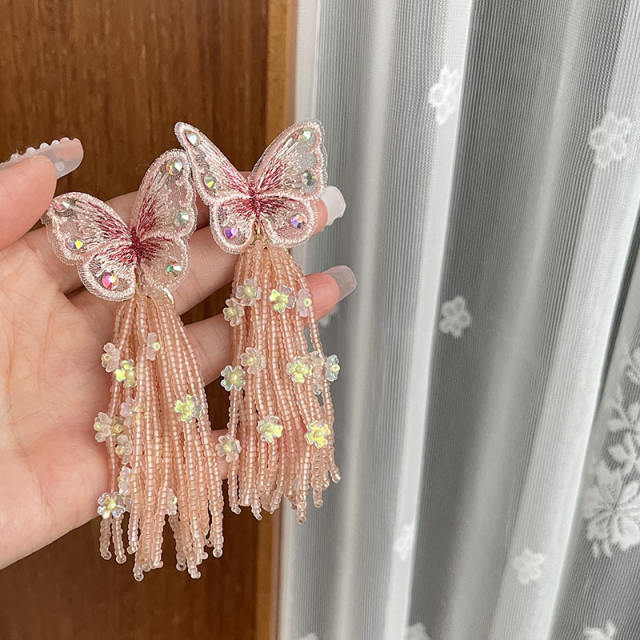 Elegant color beaded tassel butterfly earrings