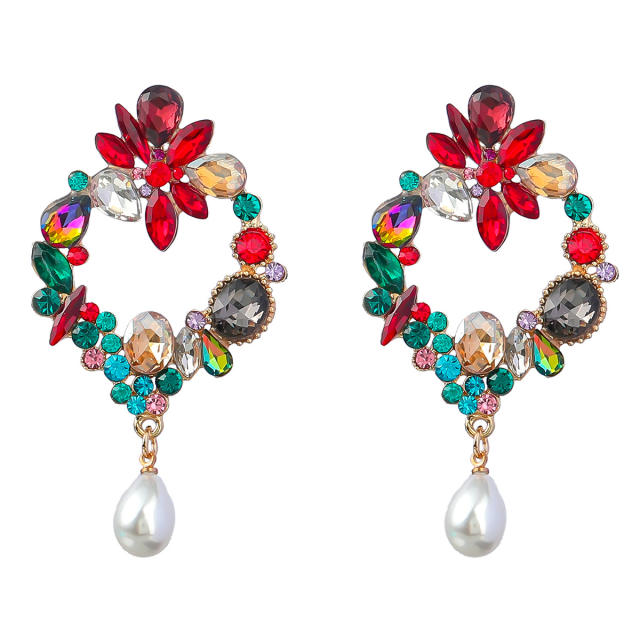 Geometric shape rhinestone pearl earrings