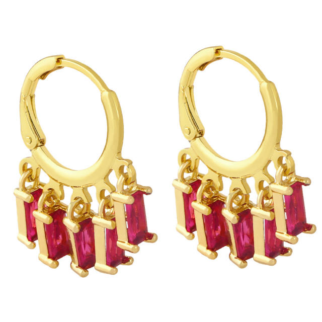 Rectangular color zircon tassel huggie earrings