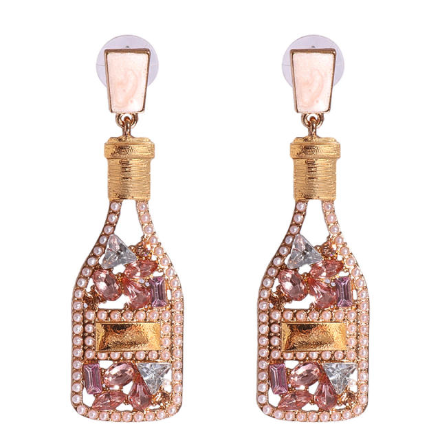 Champagne wine bottle full of rhinestone dangle earrings