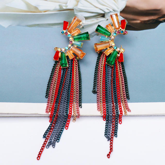 Boho color glass crystal chain tassel earrings