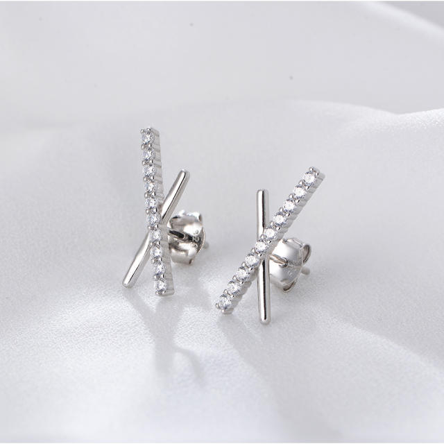 S925 sterling silver cubic zircon cross ear studs