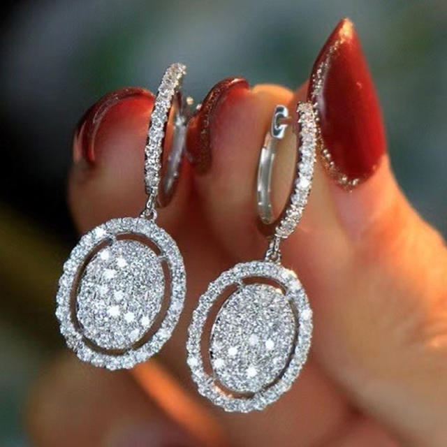Full of rhinestone oval charm huggie earrings