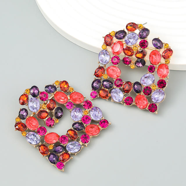 Colored rhinestone square shape ear studs