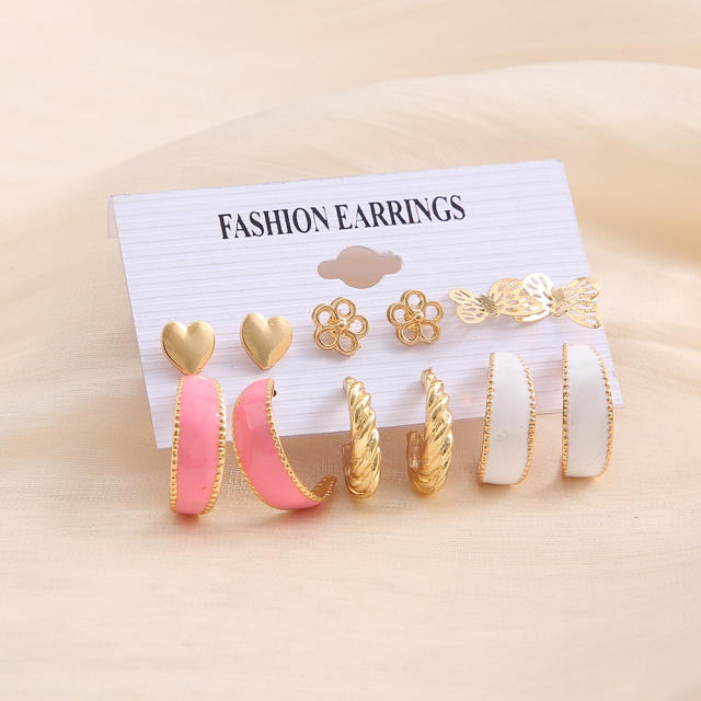 6pcs cute pink color enamel earrings set