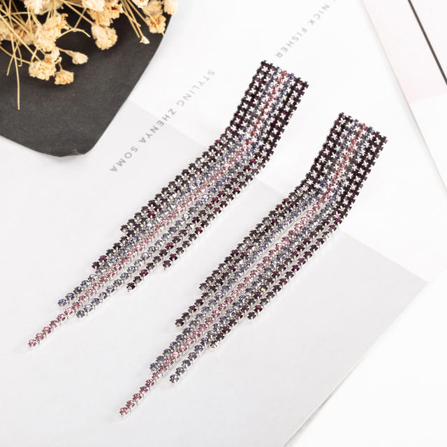 Color rhinestone tassel long earrings