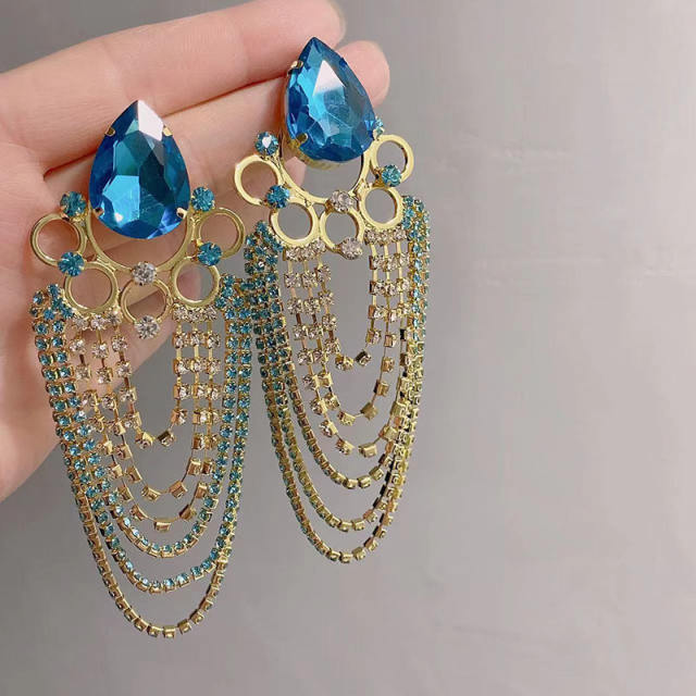 Luxury blue glass crstal tassel dangle earrings