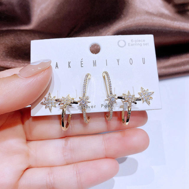 925 sterling silver needle diamond star huggie earrings set