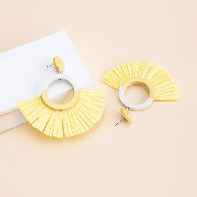 Boho summer colorful straw fan shape earrings