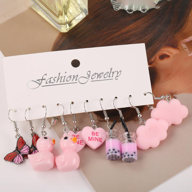 Cute pink color duck cloud acrylic earrings set