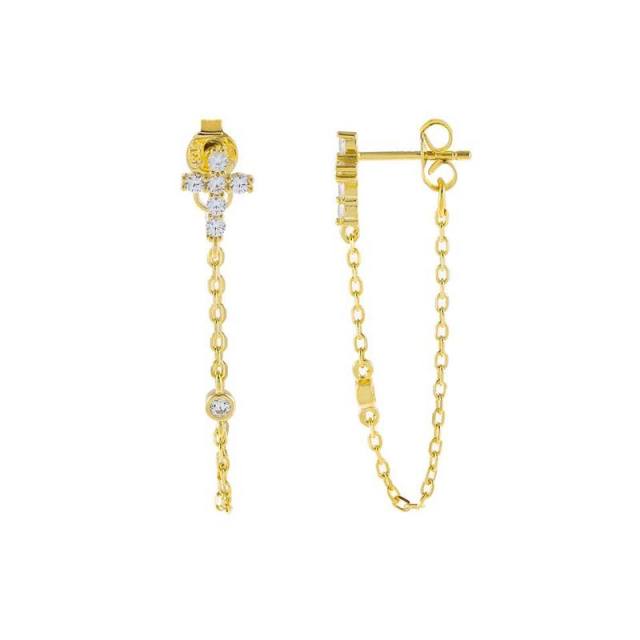 Rhinestone cross tiny chain tassel earrings