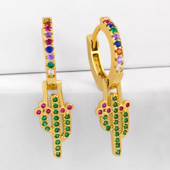 Rainbow color zircon setting The cactus copper huggie earrings