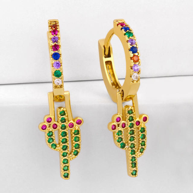 Rainbow color zircon setting The cactus copper huggie earrings