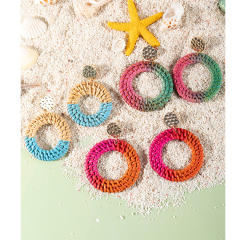 Boho contrast color straw ring dangle earrings for women