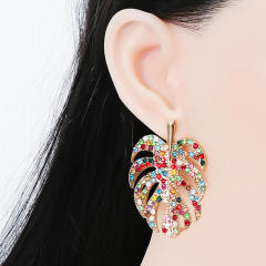 Color rhinestone leaf design earrings