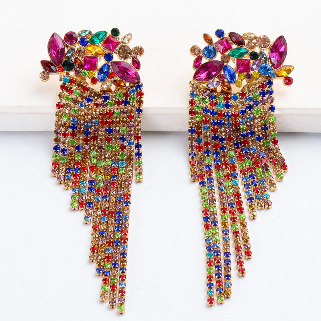 Boho color glass crystal flower rhinestone tassel earrings