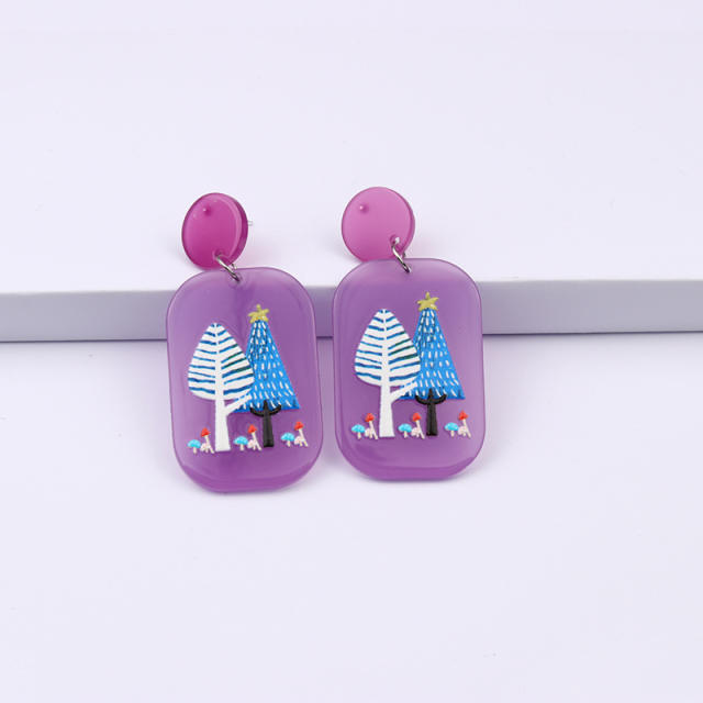 Cute tree deer square acrylic dangle earrings
