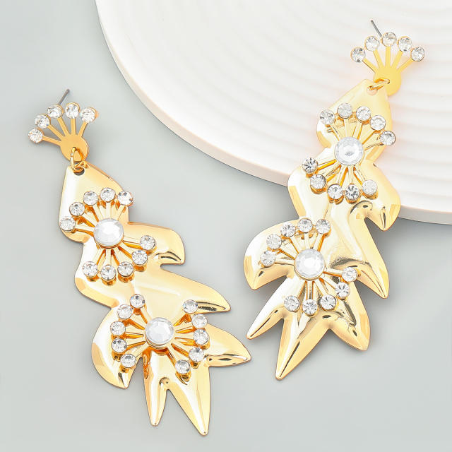 Rhinestone leaf shape chunky earrings