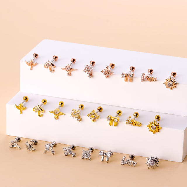 Stainless steel needle cubic zircon butterfly bow tiny ear studs