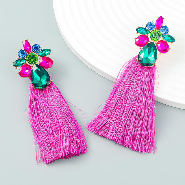 Color glass crystal statement tassel boho earrings