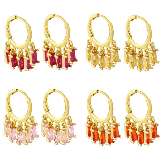 Rectangular color zircon tassel huggie earrings
