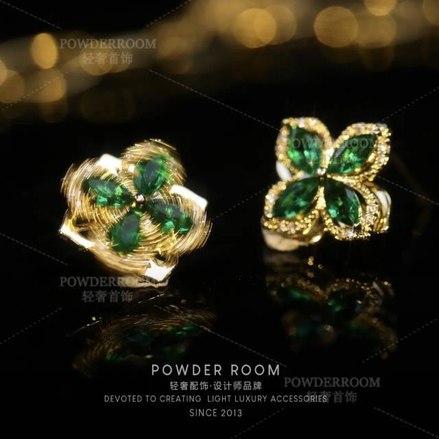 Green color cubic zircon clover rotatable ear studs
