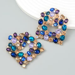 Colored rhinestone square shape ear studs