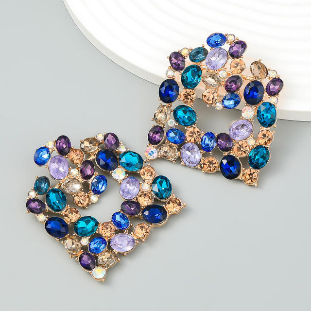 Colored rhinestone square shape ear studs