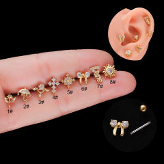 Stainless steel needle cubic zircon butterfly bow tiny ear studs