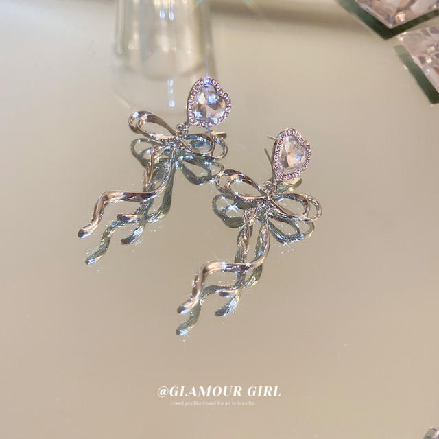INS design diamond heart bow dangle earrings