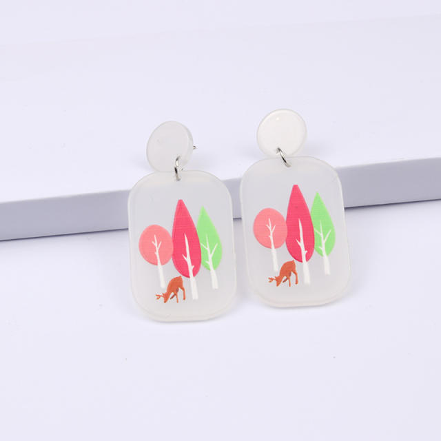 Cute tree deer square acrylic dangle earrings